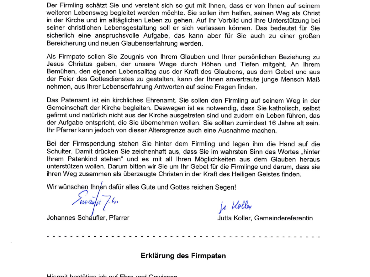 Patenbrief zur Firmung